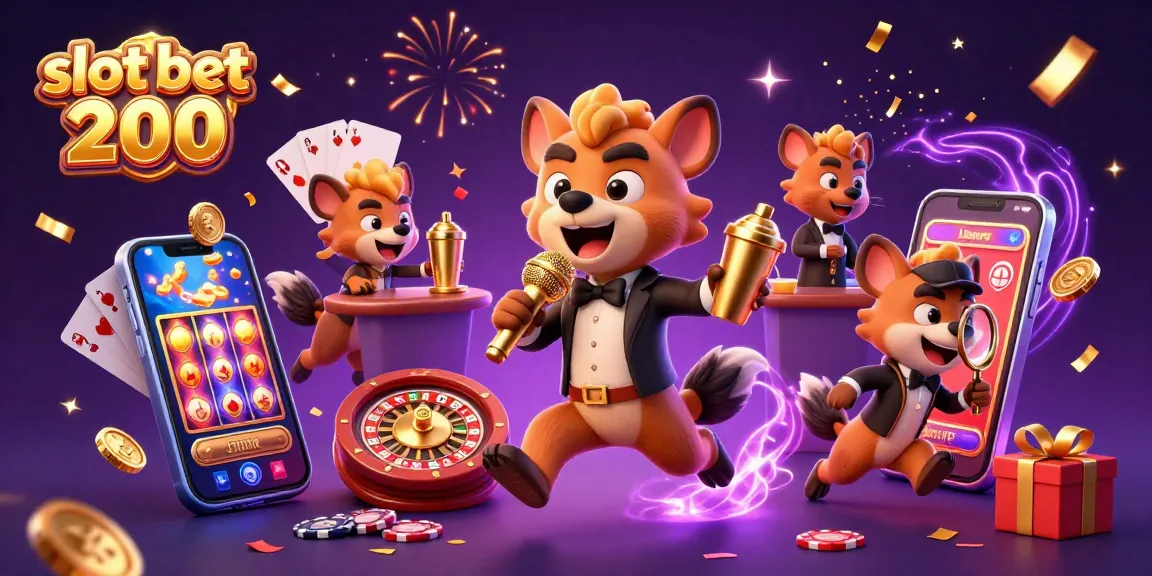 Experience the excitement of slot bet 200 with a vibrant 3D casino scene featuring hyena characters and dynamic gaming elements.