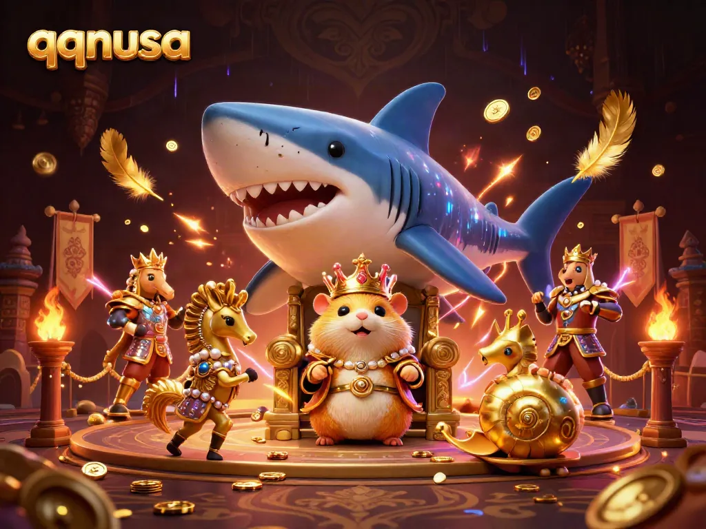 Engage in a thrilling qqnusa battle scene with a golden hamster king and seahorse guards in a vibrant casino setting.