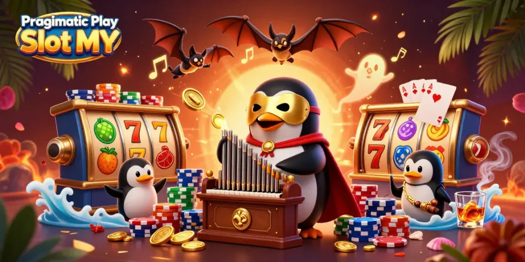 Engage with Pragmatic Play Slot MY in a vibrant scene featuring a penguin organist amidst exciting casino elements.