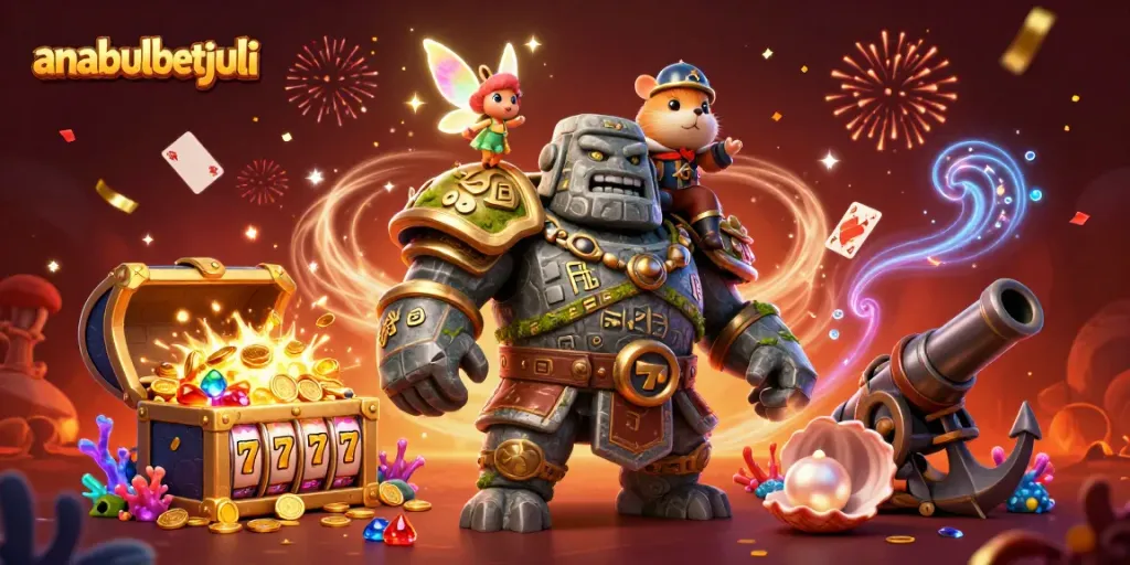 Gambarkan anabulbetjuli dengan golem kuno, peri ajaib, dan ksatria hamster yang berpakaian armor, dikelilingi unsur kasino.
