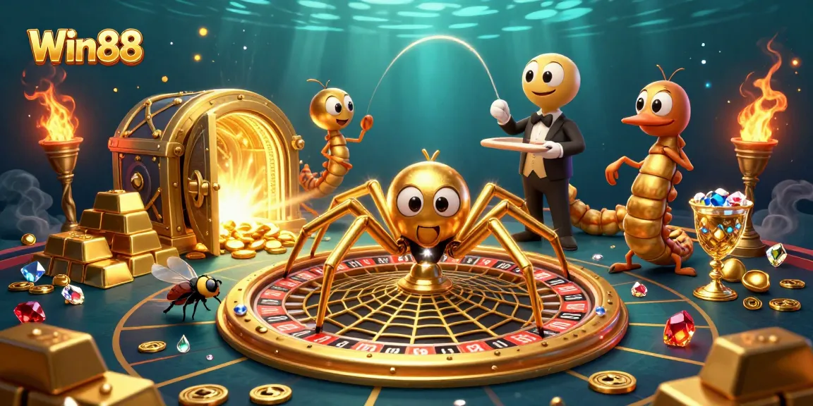 Engage in win88 casino excitement as the golden spider spins a roulette web with gems and vivid treasures.