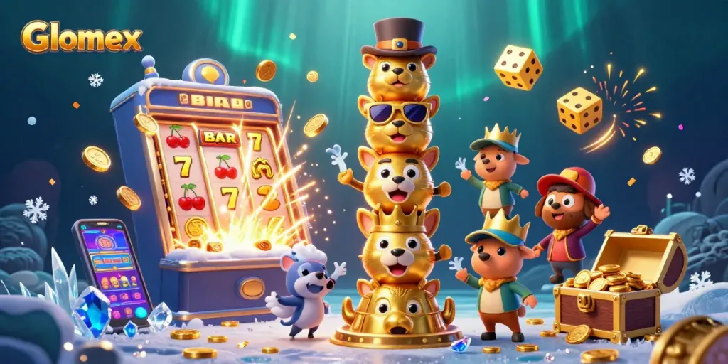 Spin the Glomex slot machine with a vibrant jackpot explosion and dynamic gambling elements.
