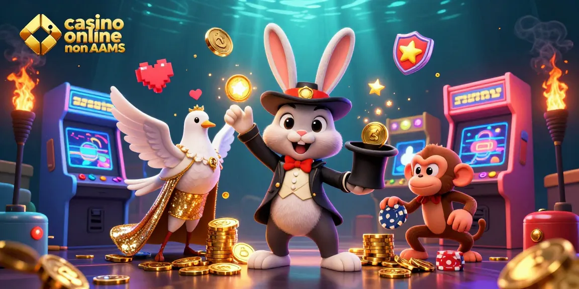Vivi il brivido del casinò online non AAMS con un coniglio mago giocoso tra giochi abbaglianti e gettoni d'oro.