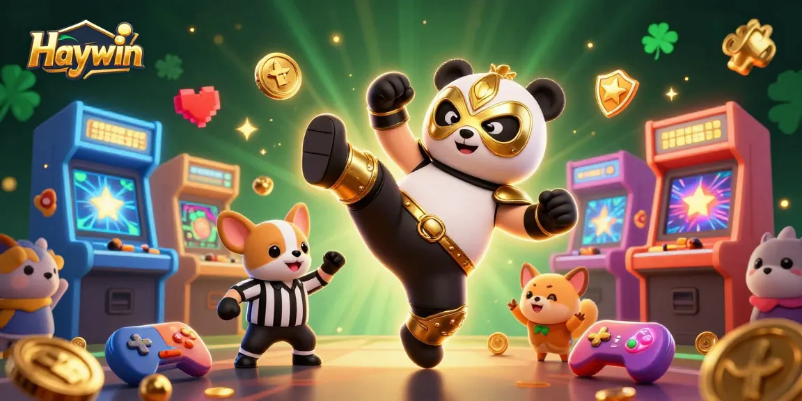 Haywin casino scene featuring a panda kick and animal fans cheering with arcade elements.