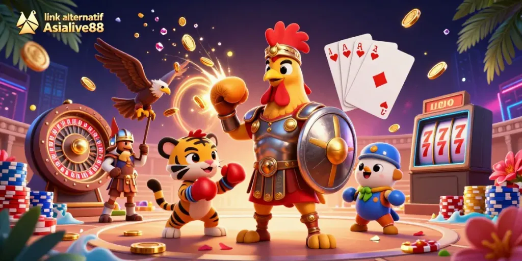 Engage in dynamic gameplay with the link alternatif Asialive88 featuring a vibrant casino scene.