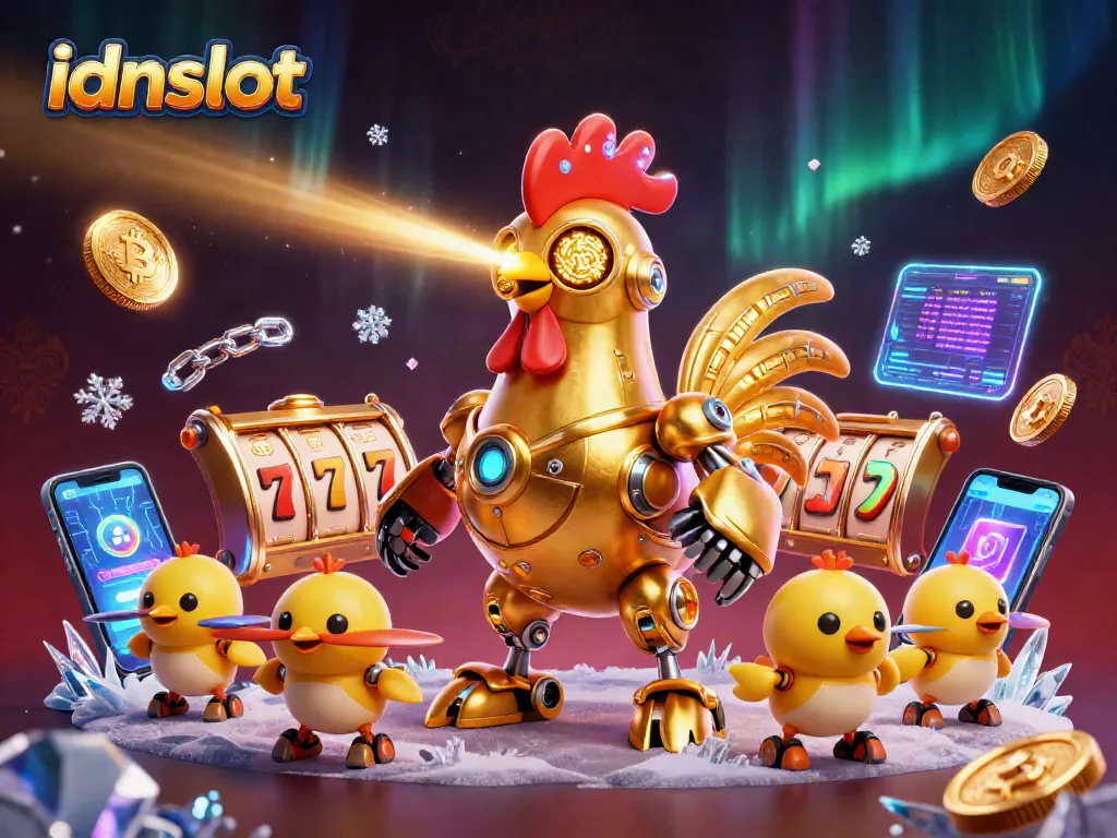 Experience the thrill of idnslot in this vibrant 3D casino illustration featuring slot reels and crypto elements.