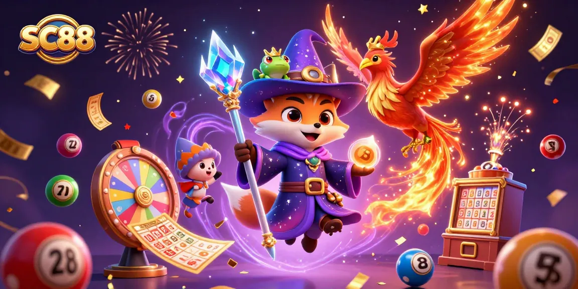 Experience excitement at SC88 with a thrilling scene of a wizard fox, phoenix, and dynamic gaming elements.