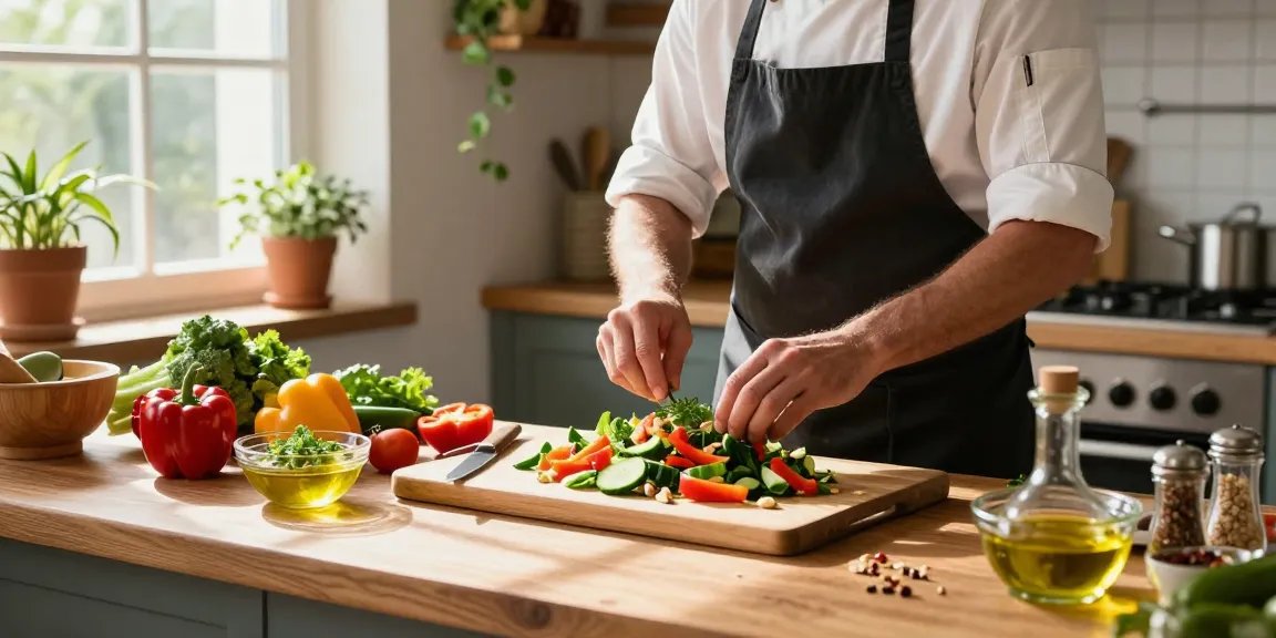 เว็บสล็อต แท้ 100 เปอร์เซ็นต์ depicted in a vibrant kitchen scene with fresh ingredients and a chef preparing a colorful salad.