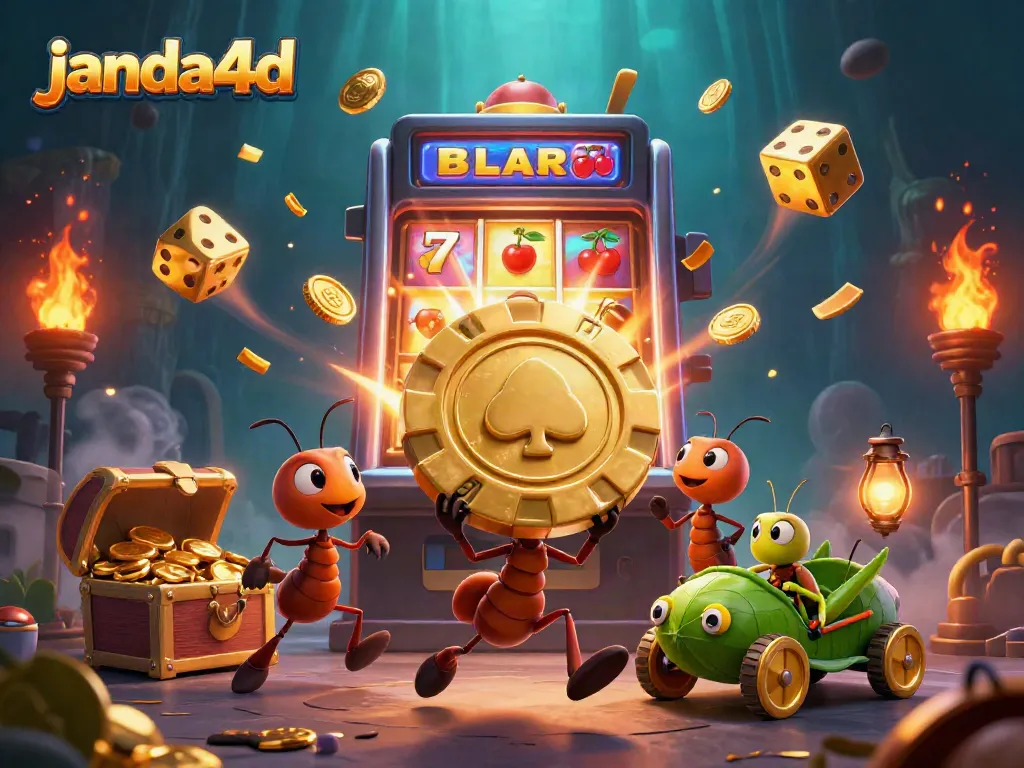 Janda4d menampilkan kelompok semut 3D yang mencuri chip poker emas di dunia permainan kasino yang penuh warna.