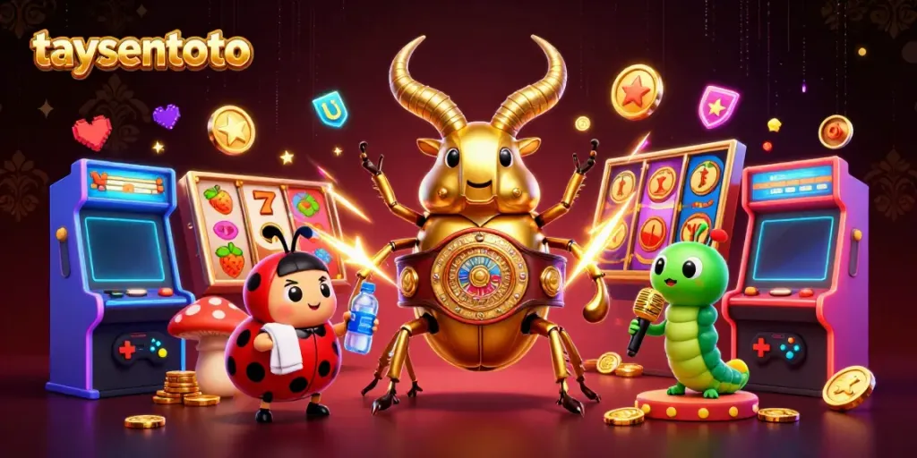Engage with Taysentoto's dynamic gaming scene featuring colorful slots and animated characters in a vibrant 3D illustration.