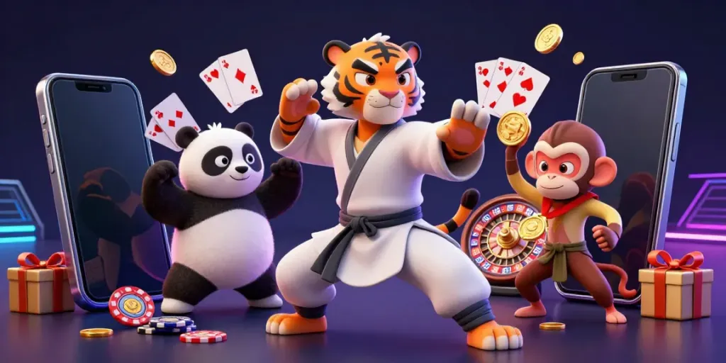 Experience the excitement of totojitu with a lively 3D scene featuring characters and casino elements.