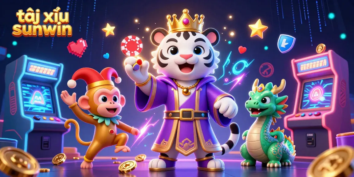 Tài xỉu sunwin illustrates a majestic scene with a royal tiger, a jester monkey, and a mystical dragon amidst dynamic gaming elements.
