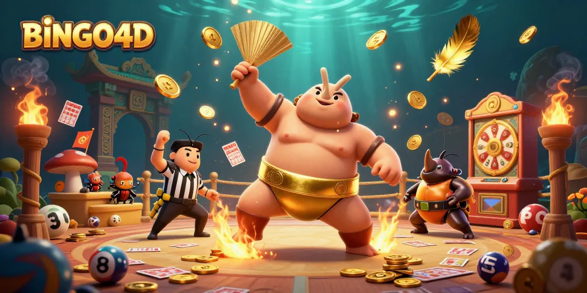 BINGO4D hadir dalam ilustrasi tempat permainan bingo dengan karakter seru dan atmosfer menegangkan.