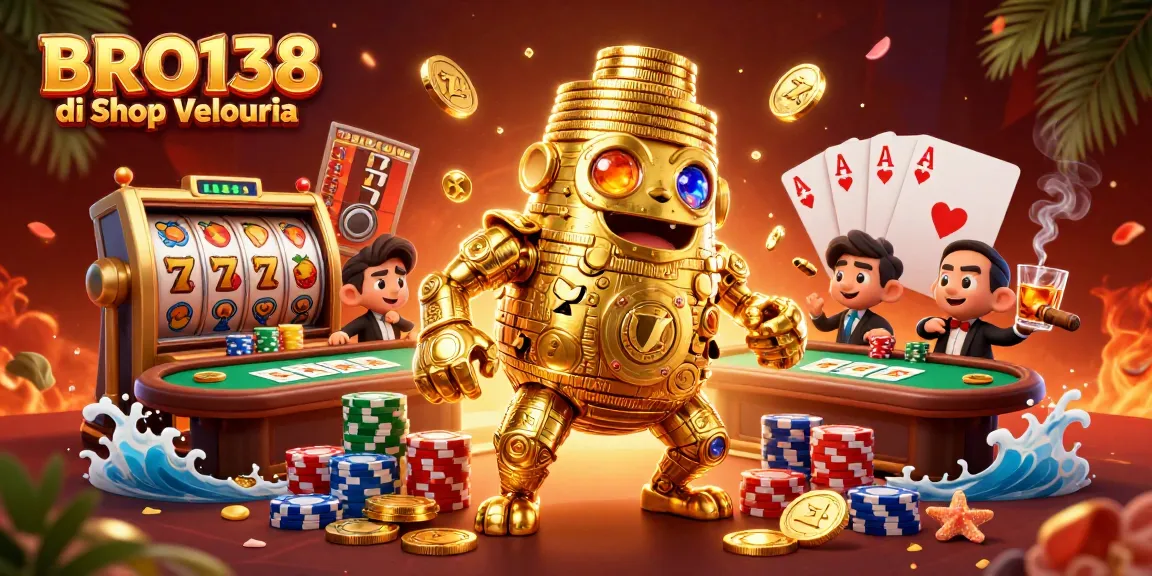 Experience thrills with BRO138 di Shop Velouria, featuring vibrant slot reels and golden coin sprites.