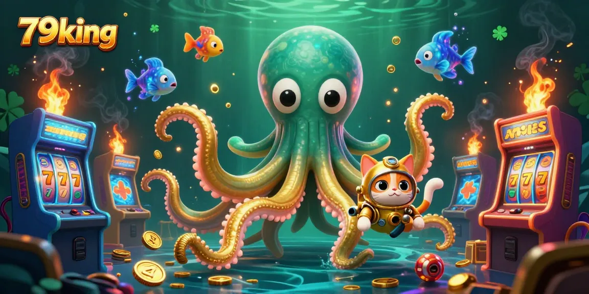 Experience thrilling gameplay at 79king with a vibrant casino scene featuring a kraken and a diving cat.