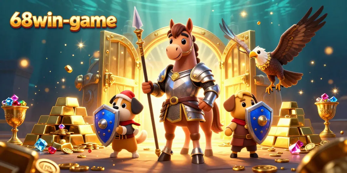 Experience winning at 68win-game with a knight and dragon amidst treasure, illustrating excitement.