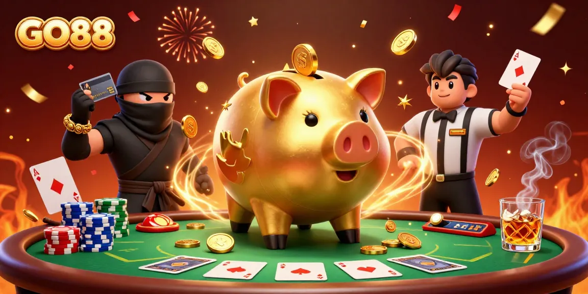 GO88 offers a dynamic scene with a golden piggy bank warrior, showcasing exciting poker action and casino elements.