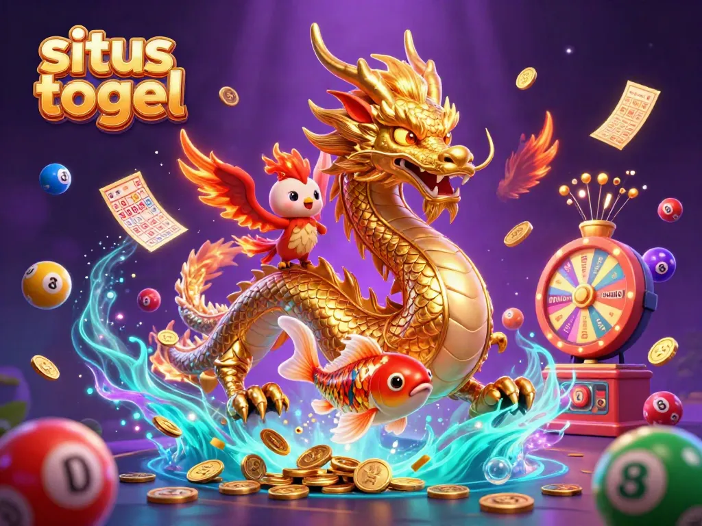 Experience situs togel with a vibrant scene of colorful lottery balls, dragon, phoenix, and koi fish.
