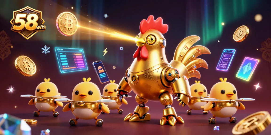Experience 58win with dynamic 3D golden rooster robot and baby chicks in a vibrant casino illustration.