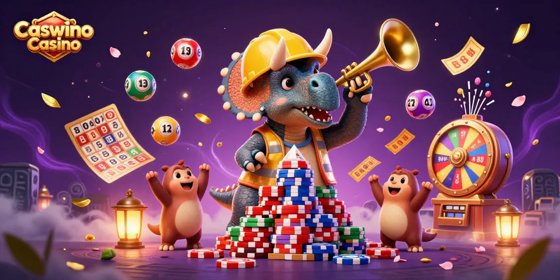 Engage with thrilling games at Caswino Casino, where playful dinosaurs celebrate a vibrant gaming adventure.