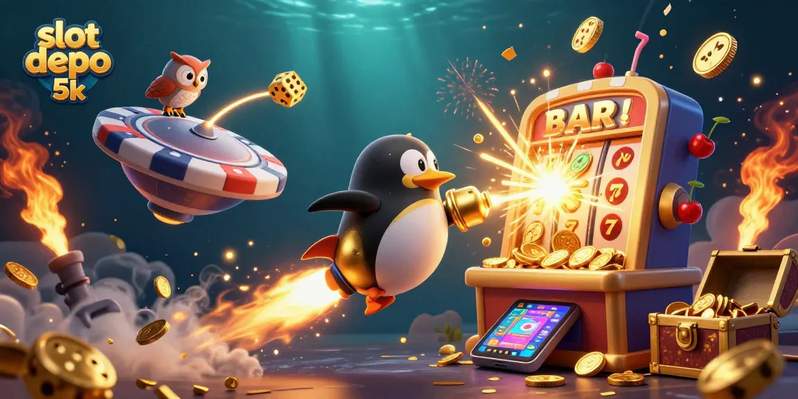 Experience thrilling slot depo 5k action with a vibrant penguin and jackpot chaos in this 3D illustration.