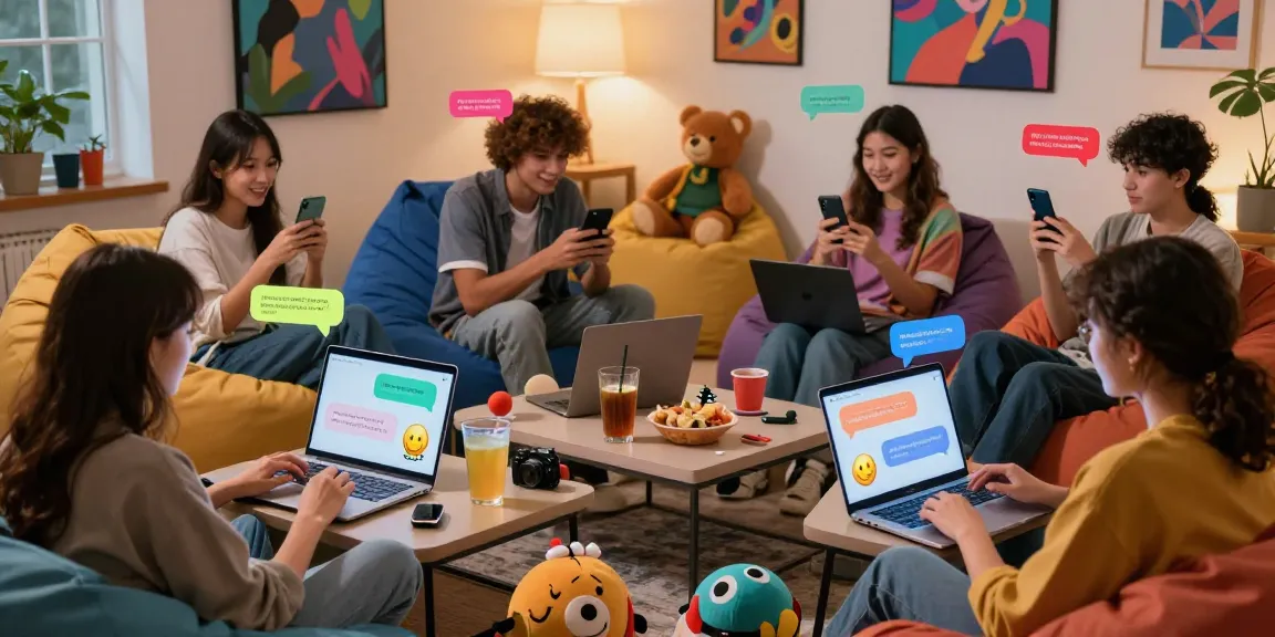 Engaging chat room atmosphere depicting شات فله with friends using laptops and smartphones in a cozy setting.