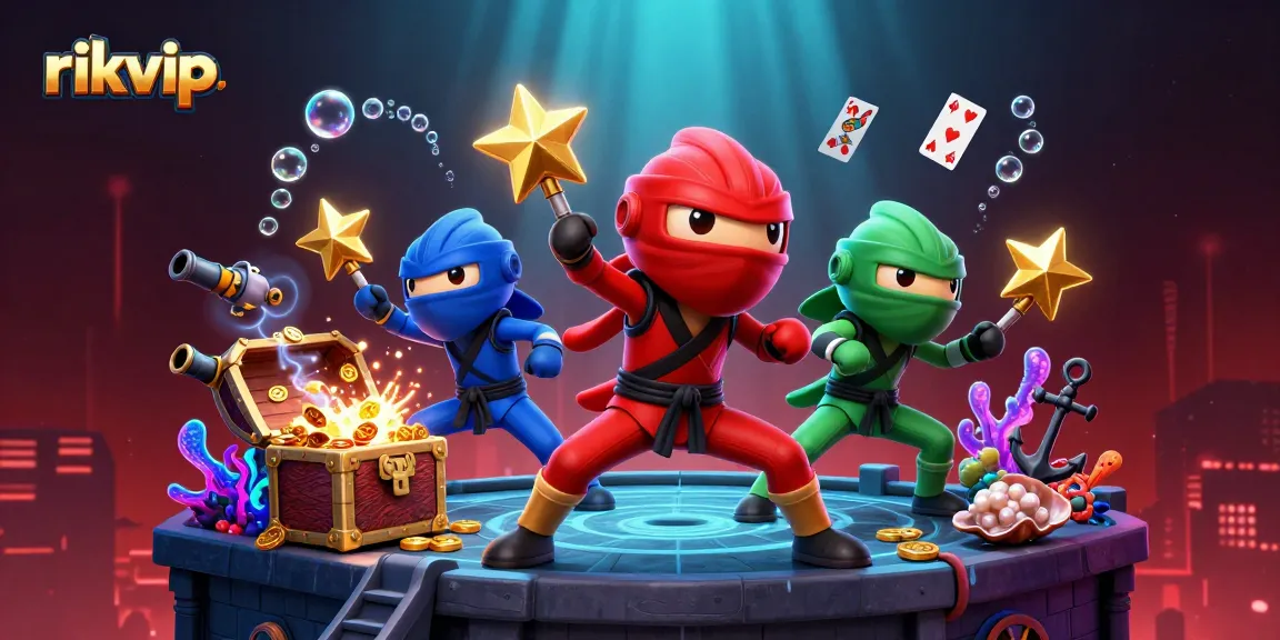 rikvip features a dynamic scene with ninja chameleons showcasing their martial arts amidst shimmering casino treasures.