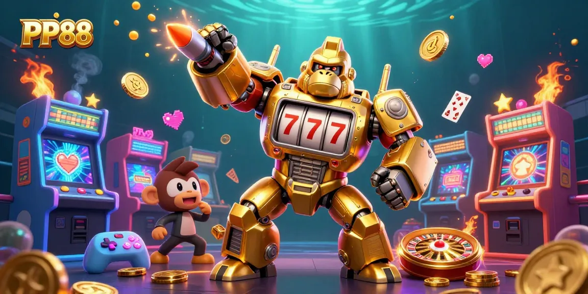 Experience the thrill of PP88 with a golden mech and vibrant casino elements in action.