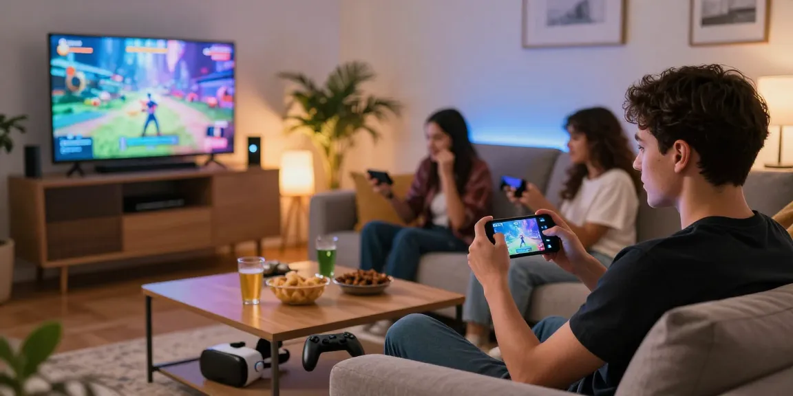 Group of friends enjoying gaming apps together in a cozy living room atmosphere.