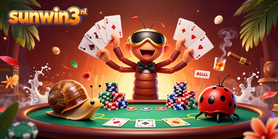 Experience the excitement of sunwin3 nl casino gaming as a millipede dealer presents vibrant poker hands amid dynamic elements.