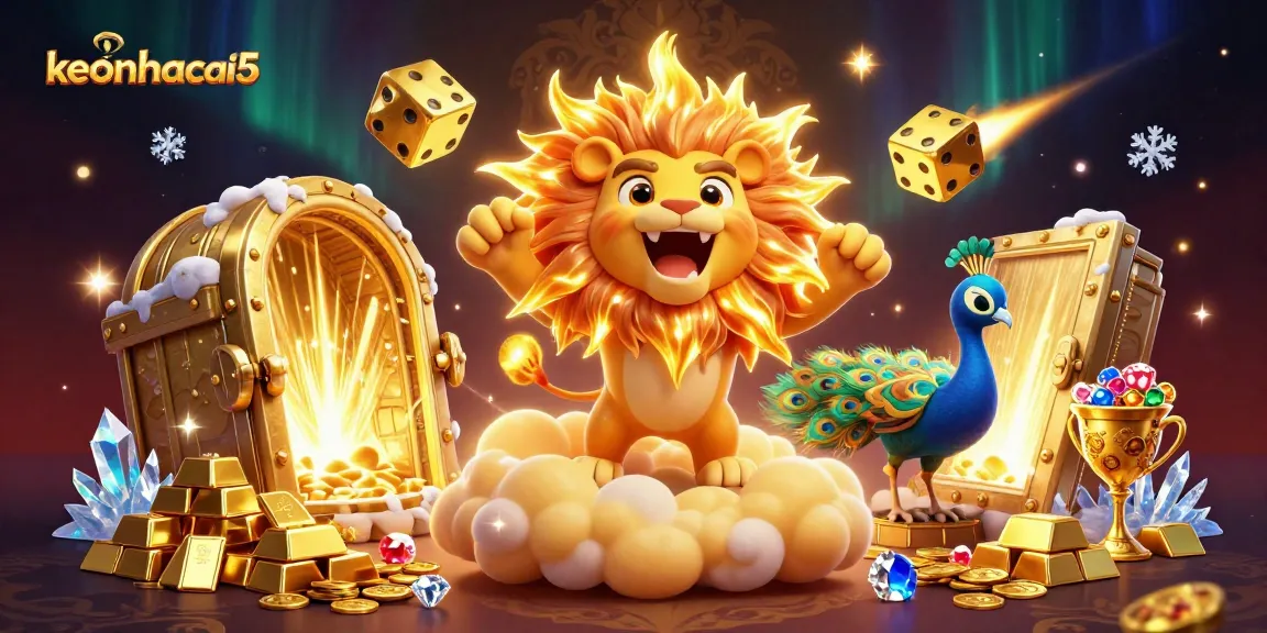Enhance your betting experience with keonhacai5 showcasing a vibrant 3D scene of gambling riches and excitement.