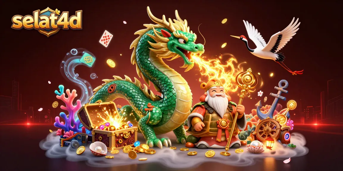 Engage with selat4d's thrilling game art featuring a dragon, turtle sage, and lucky cranes in action.