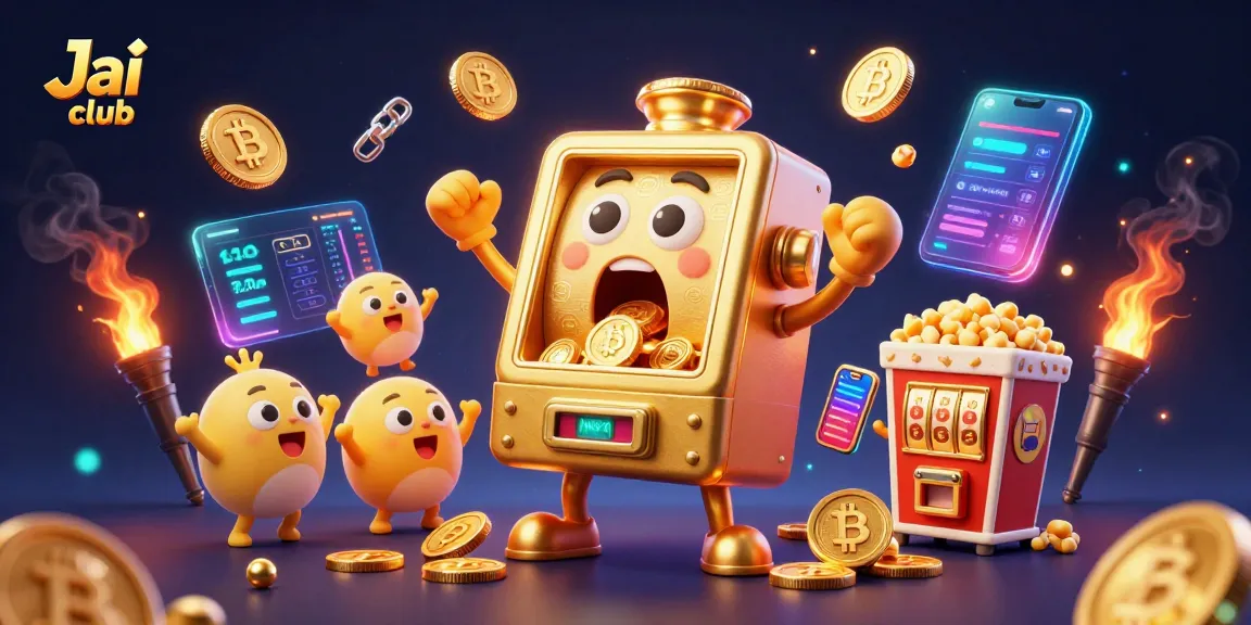 Jai club showcases a lively slot machine hitting a jackpot with cheering characters around it.