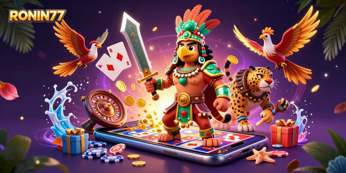 Experience the excitement of RONIN77 with vibrant slot games featuring spinning reels and golden treasures.