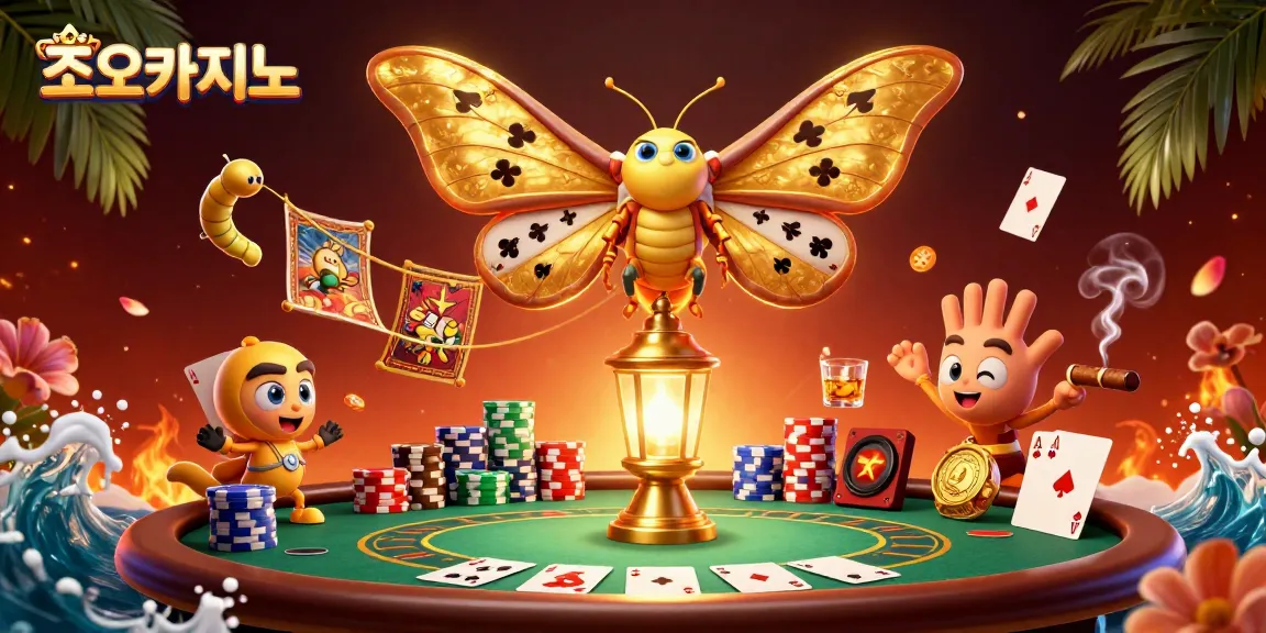 Play exciting games at 조이카지노 with captivating visuals of golden moths and vibrant poker elements.