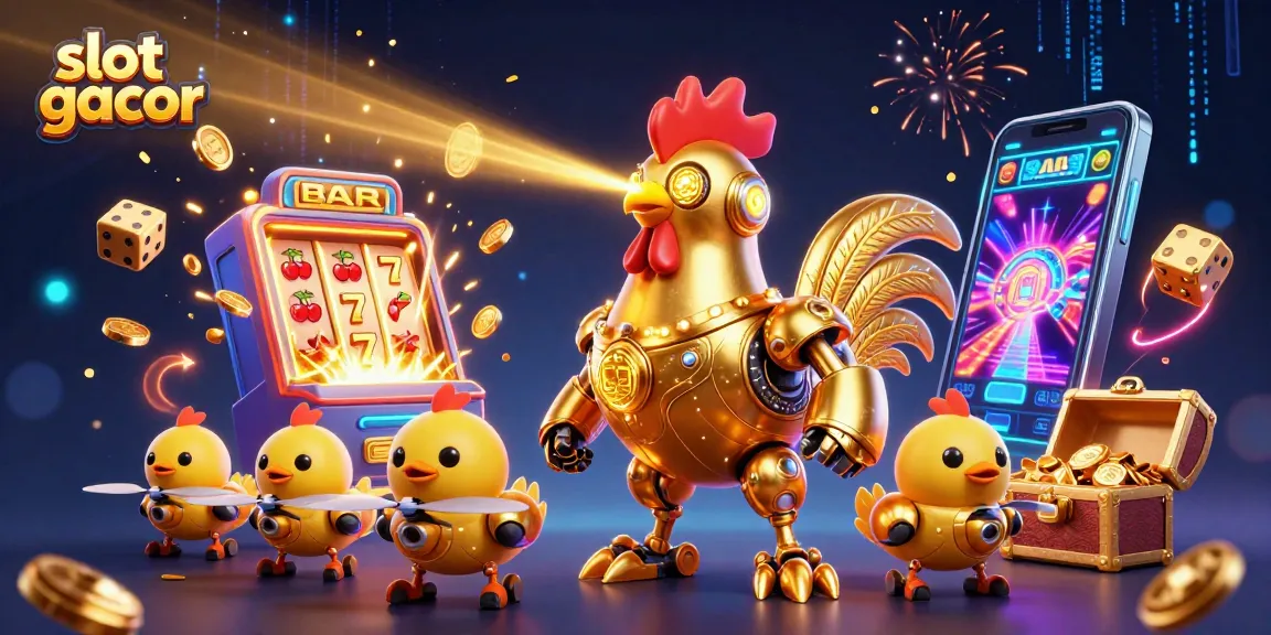 Slot gacor: Robot ayam emas futuristis dan drone anak mengikuti mesin slot yang meledak dengan koin emas.