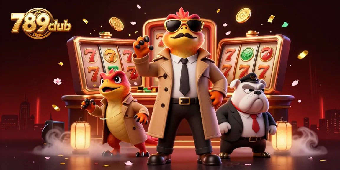 Immerse in the excitement of 789club with three raptors in disguise attempting casino entry, layered with vibrant 3D visuals.