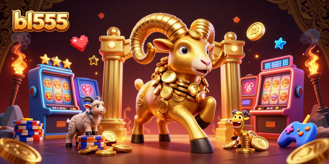 Experience thrilling gameplay at bl555 with a golden ram charging through dynamic slot machines, sparkling coins, and vibrant visuals.