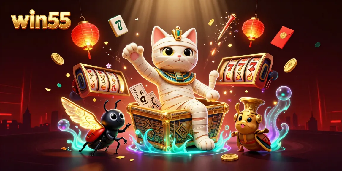 Engage in thrilling slot gameplay with win55, featuring an Egyptian mummy cat and vibrant casino elements.