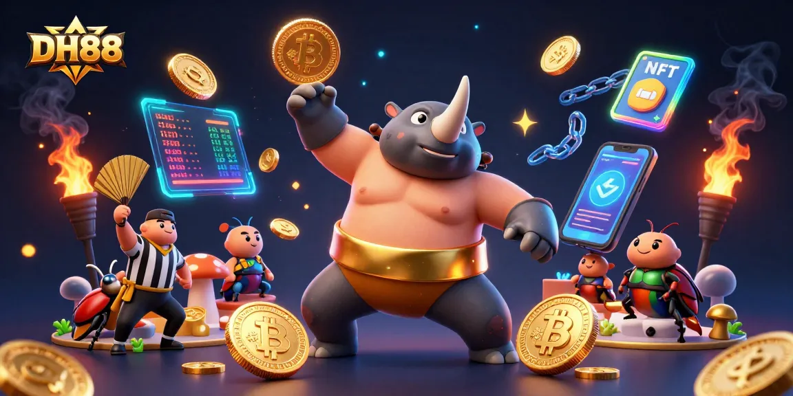 Experience thrilling gameplay at DH88 with beetle champions amidst golden coins and crypto symbols.
