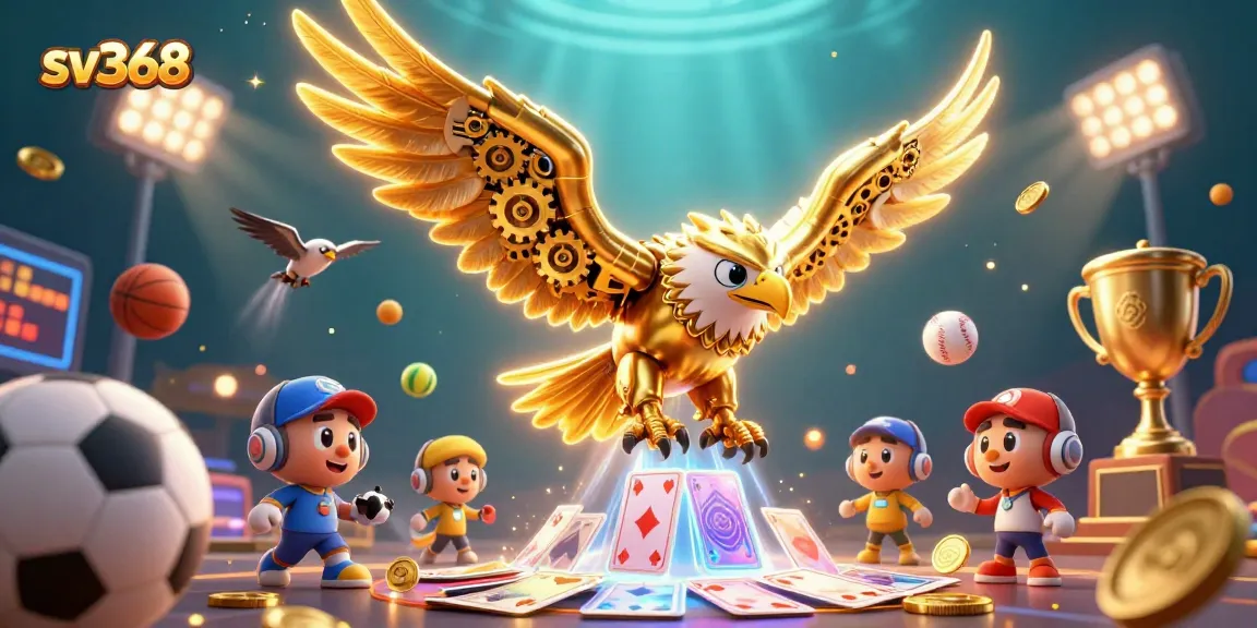 Engage in thrilling casino strategies at sv368 featuring diverse gaming elements and a golden eagle mascot.
