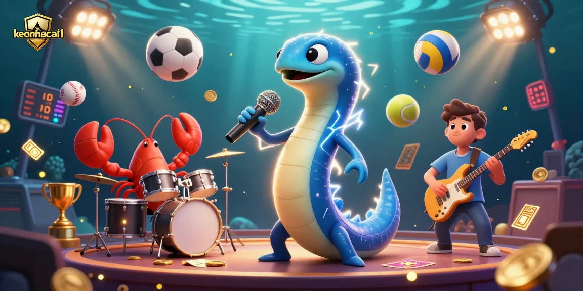 Engaging 3D scene of keonhacai1 showcasing an electric eel DJ and fish band in an underwater casino.
