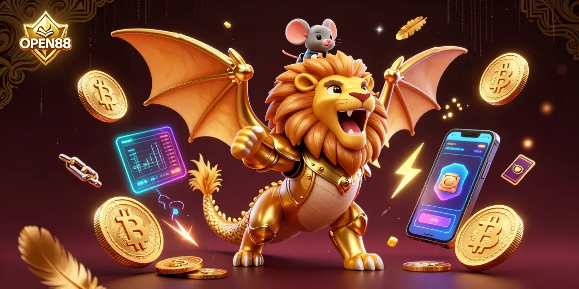 Engage in the dynamic gaming world of OPEN88 with a triumphant chimera creature, symbolizing casino excitement.