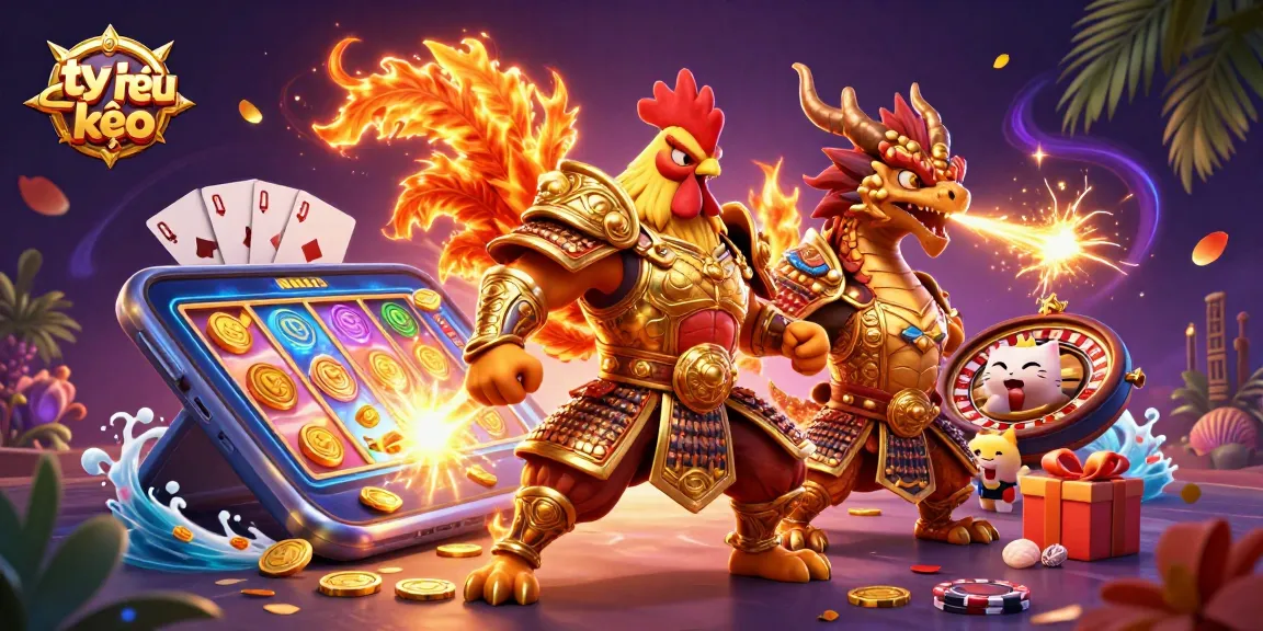 Engaging illustration of tỷ lệ kèo featuring a powerful rooster warrior, dragon hatchling, and fortune cat amidst exciting gambling elements.