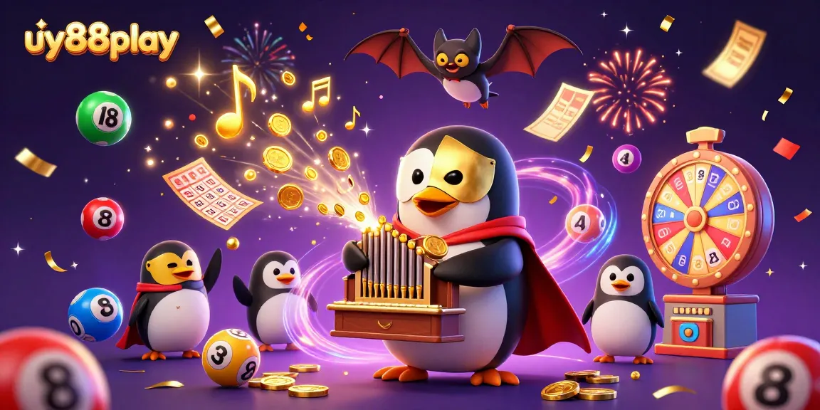 Watch the uy88play penguin celebrate as it plays for winnings amid colorful lottery balls and prize elements.