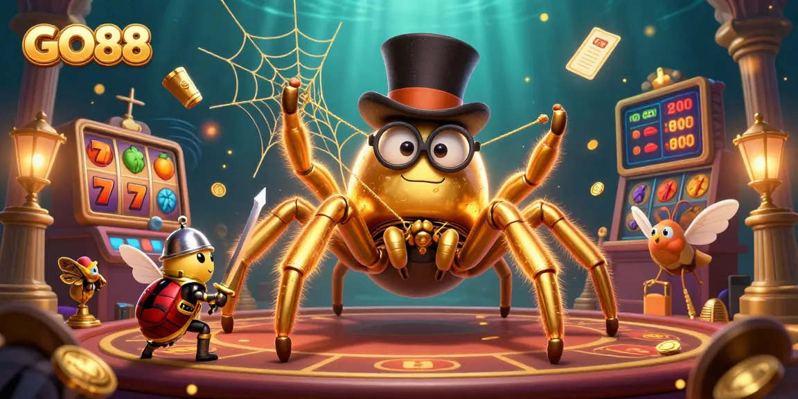 Experience GO88 with vibrant casino elements, featuring a golden tarantula with dynamic slot themes.
