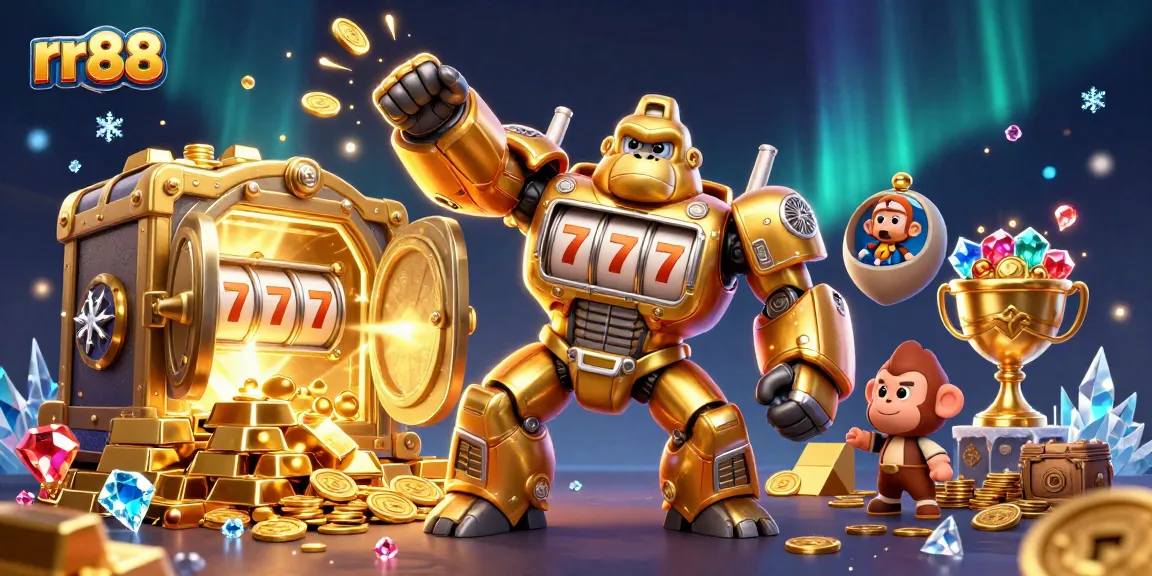 Win big at rr88 with a dynamic scene of a mech gorilla and treasure bursting with gold and gems.