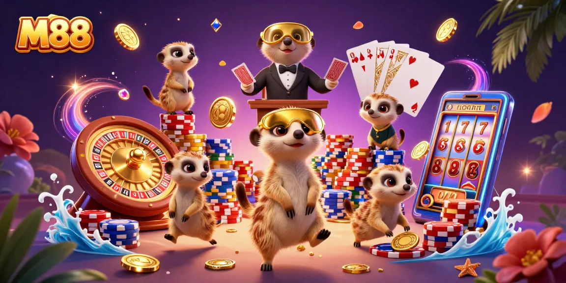 Gambarlah M88 dengan koloni meerkat mengelola kasino bertema menawan, menampilkan elemen judi yang kaya.
