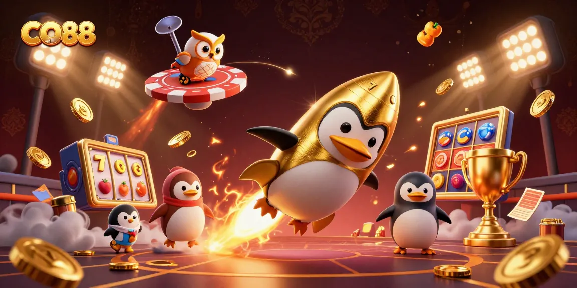 Experience thrilling gameplay at CO88 with a golden penguin racing to a casino poker chip station.
