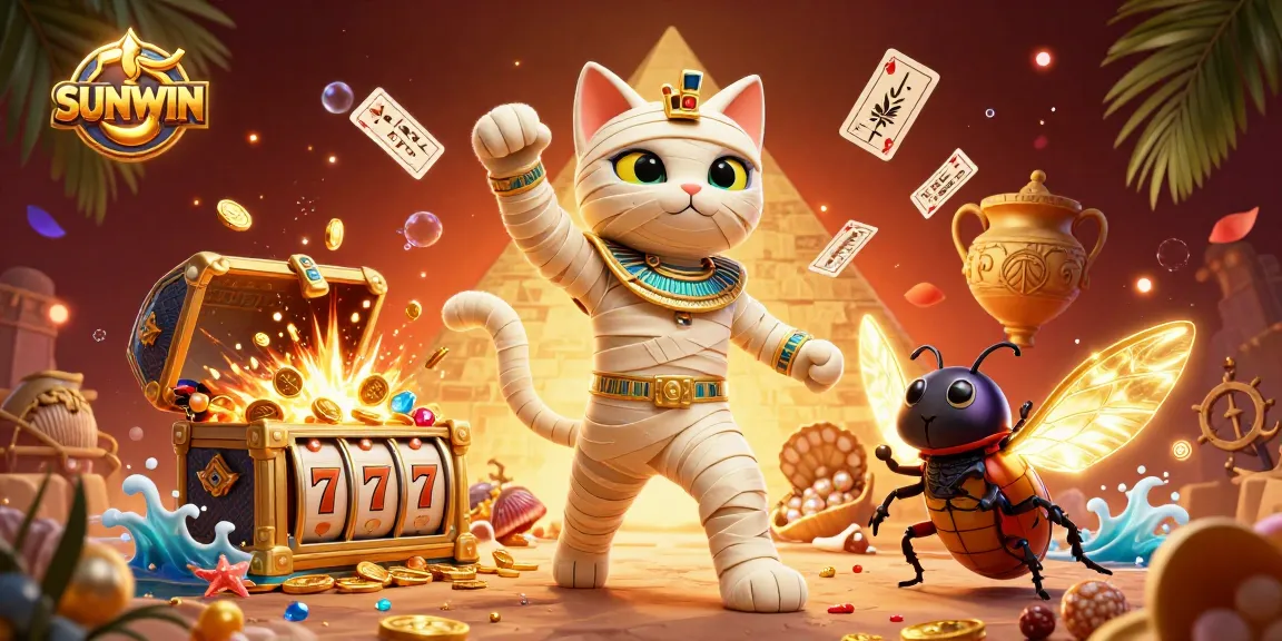 SUNWIN promotes exhilarating gaming with a 3D cartoon mummy cat and golden treasures in a dynamic casino scene.